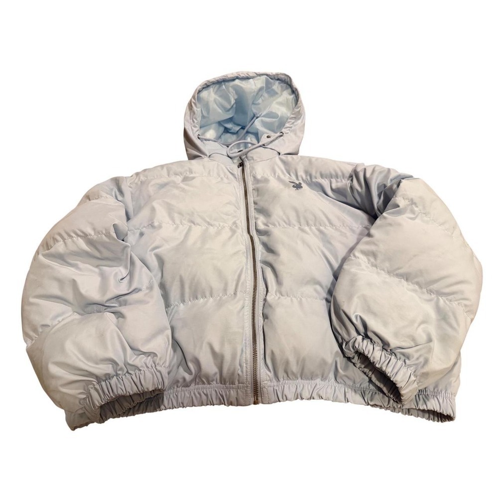 Playboy x PacSun Women Baby Blue Hooded Puffer Jacket Bunny Logo Size M/L
